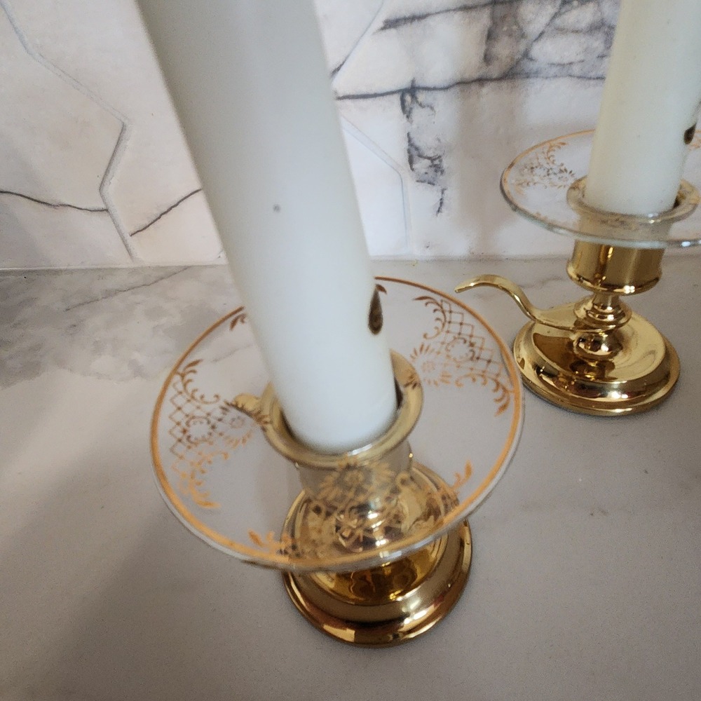 Set 2 Vintage Partylite Candlestick Holders With Gold Decal Glass Drip Catchers - Picture 4 of 9